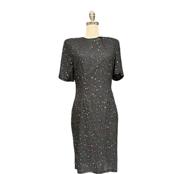 Vintage Stenay Black Beaded Sequin Silk Dress Size 10 NWT Deadstock Formal Party - Picture 1 of 15